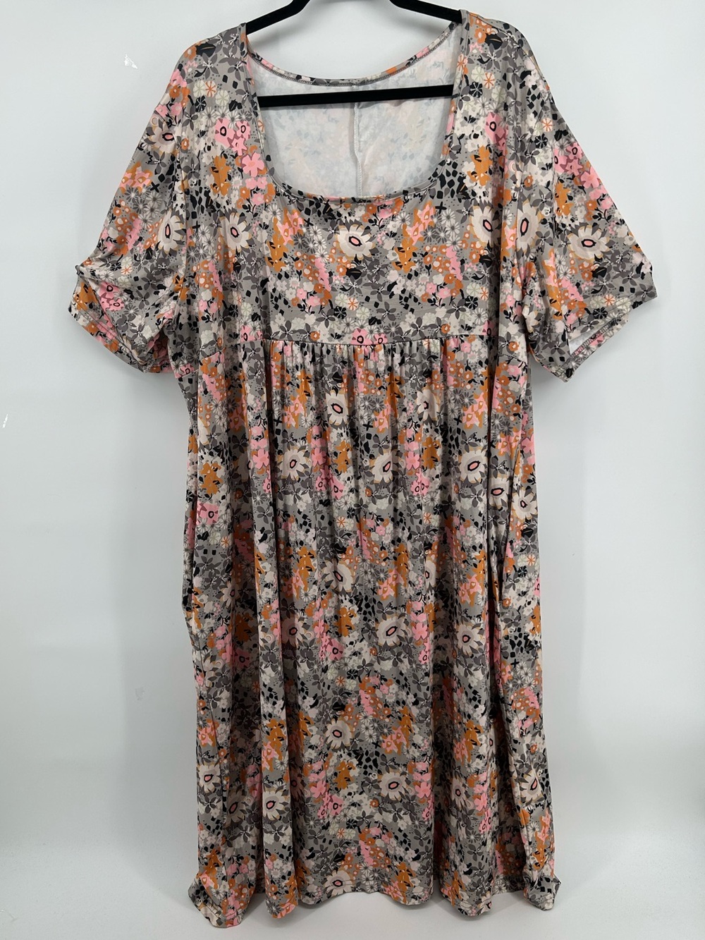 Floral Scoop Neck in Pink, Mustard & Gray Moo Moo Dress ,Pockets Women's 3XL